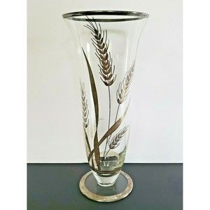 MC Fluted Silver Overlay Glass Vase w/ Wheat Grass Pattern Vintage 1950s Elegant